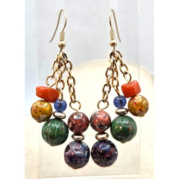 Handmade Multicolor Beaded Dangle Earrings With Gold-Tone Chains & Hooks - Picture 1 of 2